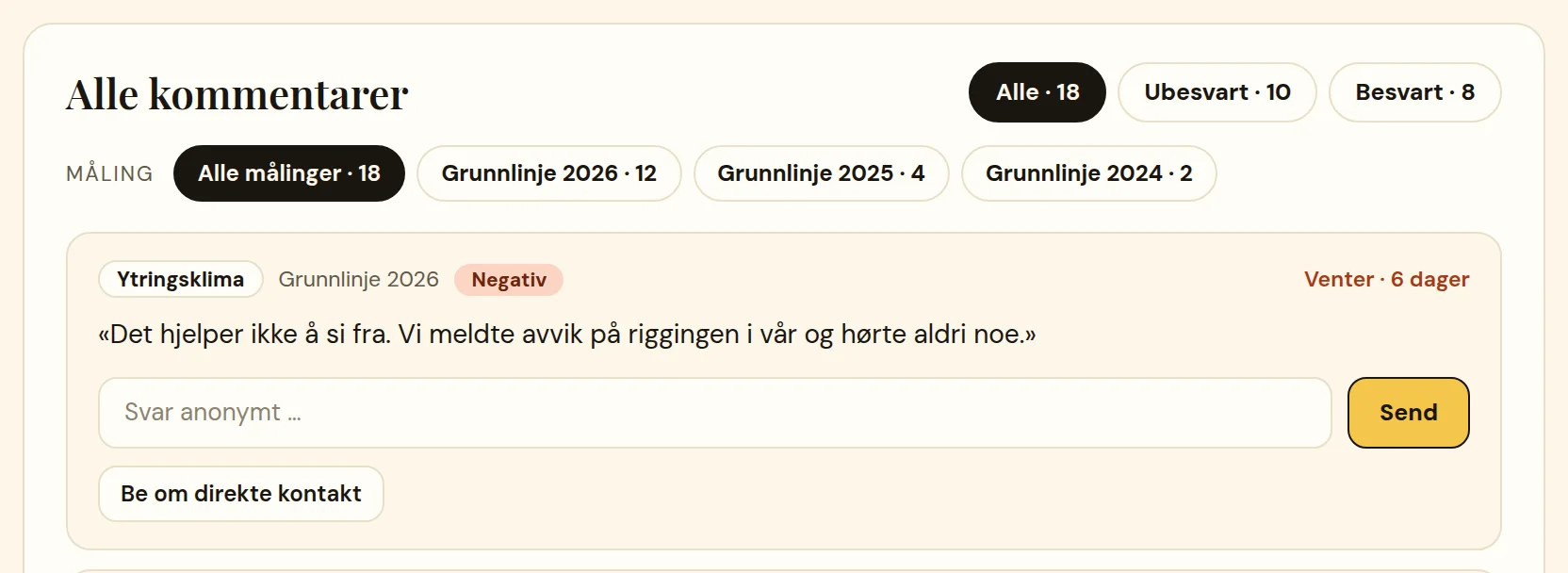 Skjermbilde av en anonym kommentar om ytringsklima, med et felt for å svare anonymt og knappen «Be om direkte kontakt».